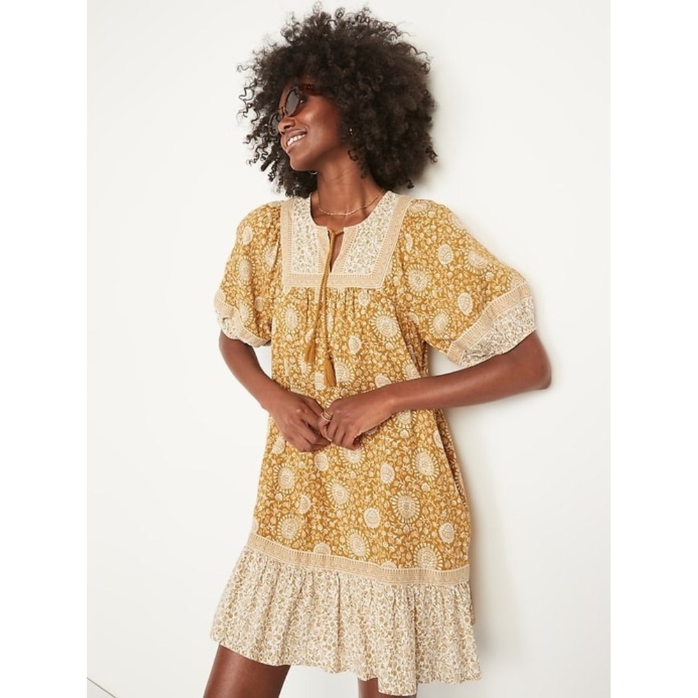 Old Navy Mustard Floral Block Print Tassel Mini Dress S Boho Cottagecore Prairie